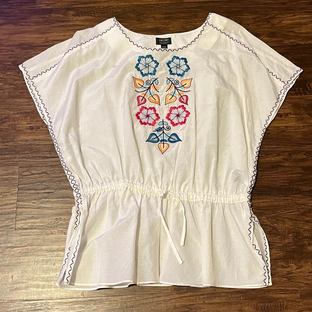 NICOLE by Nicole Miller White Embroidered Floral Peasant Top Silk/Cotton Medium